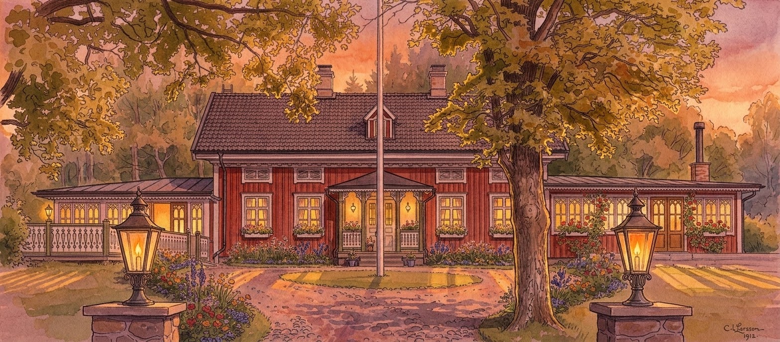 Akvarell av Lilla Kätabo gård i kvällsljus